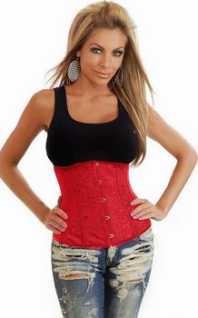 Red Boned Underbust Corset Floral Satin Strapless Corset